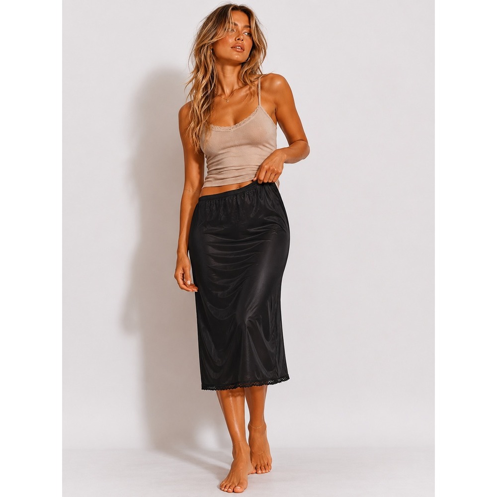 Vanity Fair Black Maxi Slip Skirt Underskirt Slit Lace M